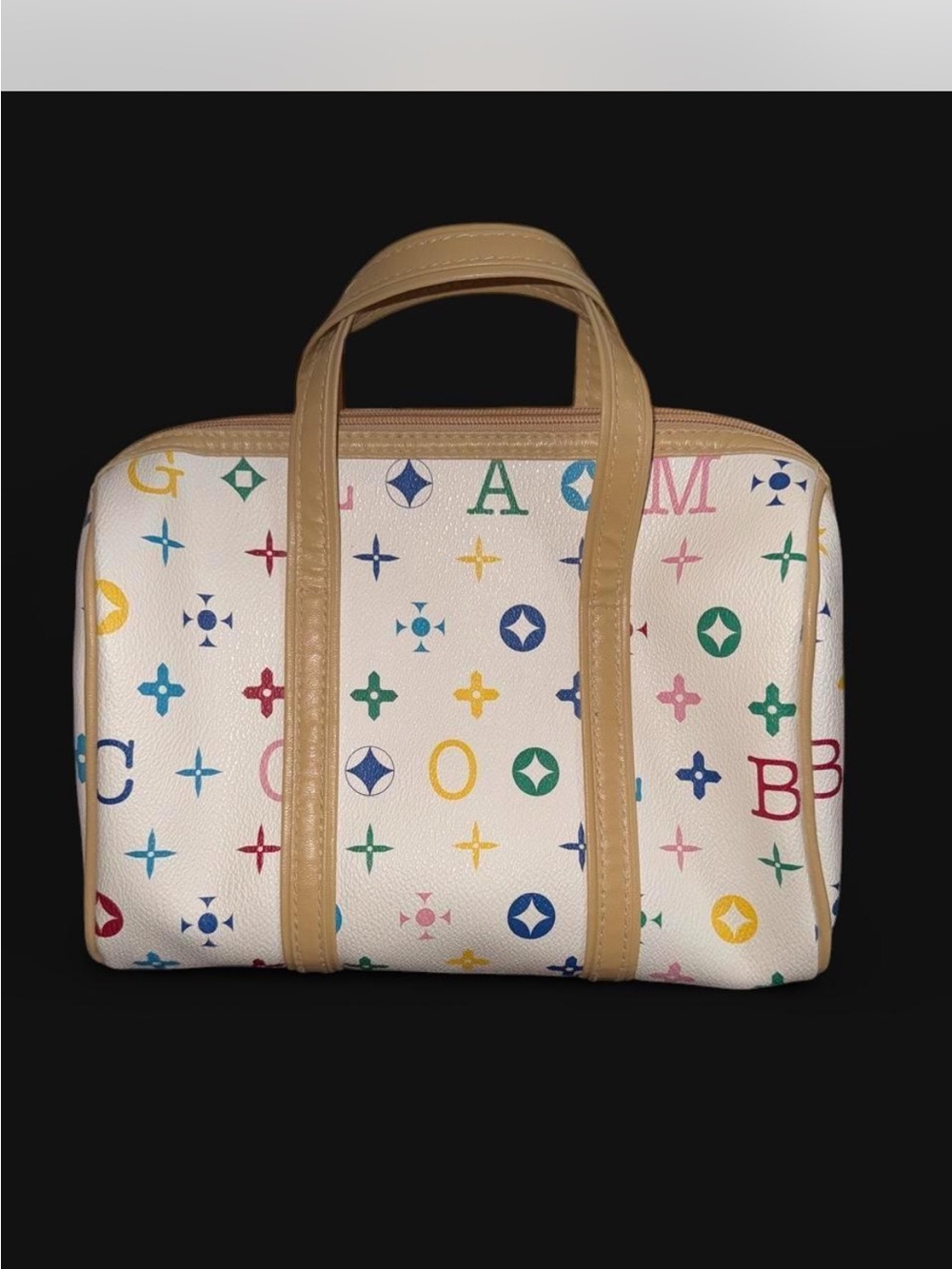UNBRANDED NOT LUXURY BRAND White Multicolor Patterned Tote with Tan Trim